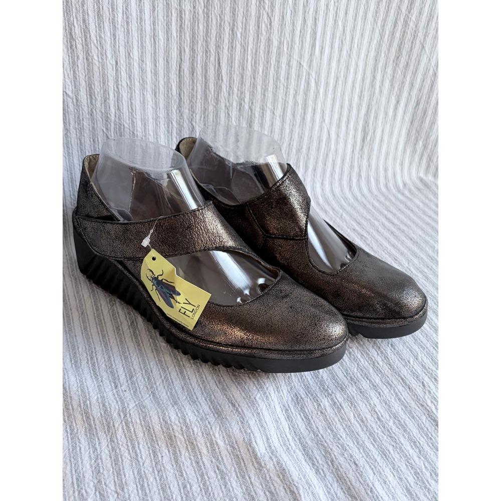 Fly London Womens Bronze Metallic Leather Mary Jane Wedge Shoes Size 39 Portugal